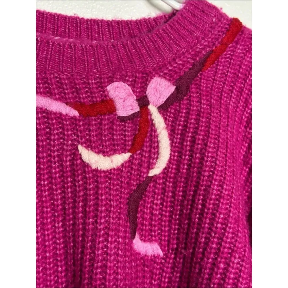 Kate Spade New York Magenta Wool Knit Bow Sweater Womens XL Puff Sleeve Pink